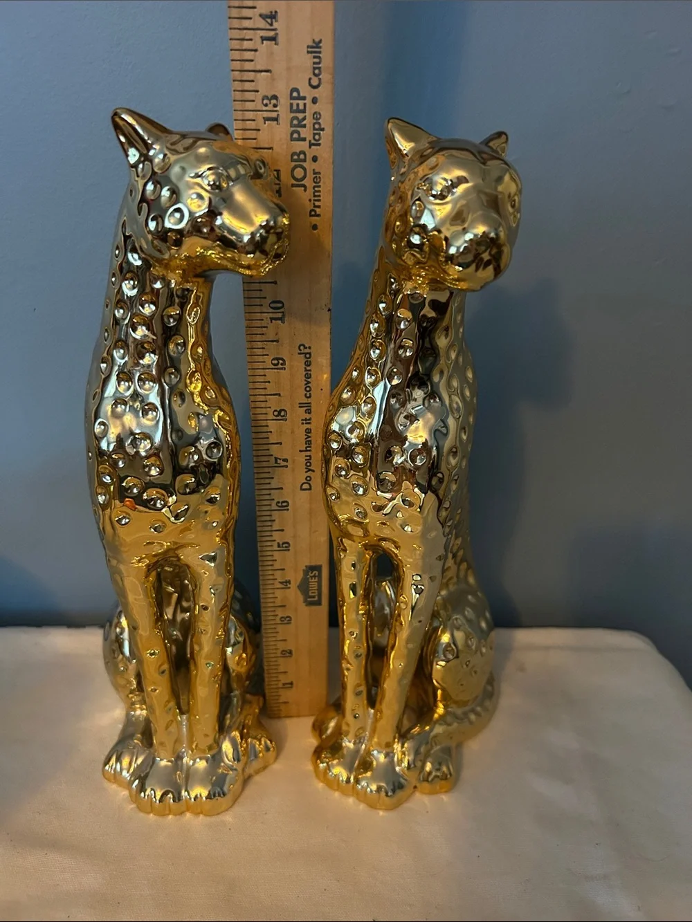 Pair of Gold 13” TALL Painted Resin/ ceramic Leopard  Cougar Cheatas Sculptures